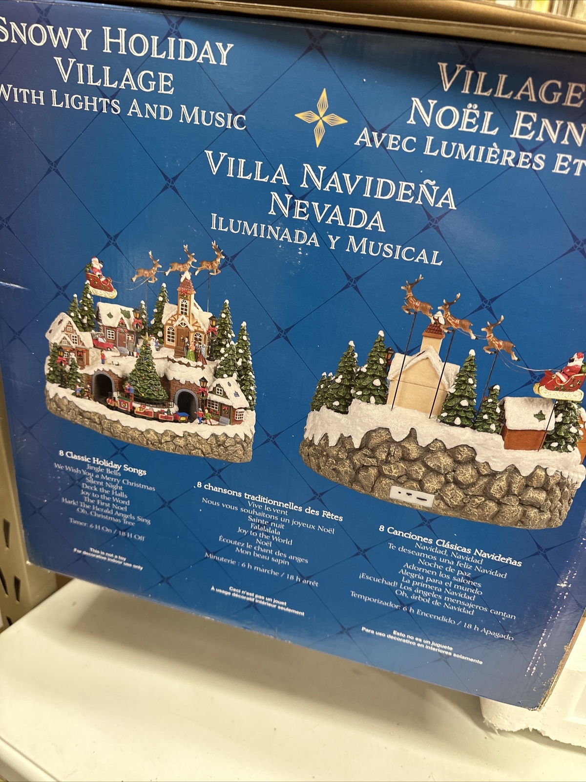 Animated Mountain Train Christmas Village Santa Sleigh Reindeer Musical 17” NEW