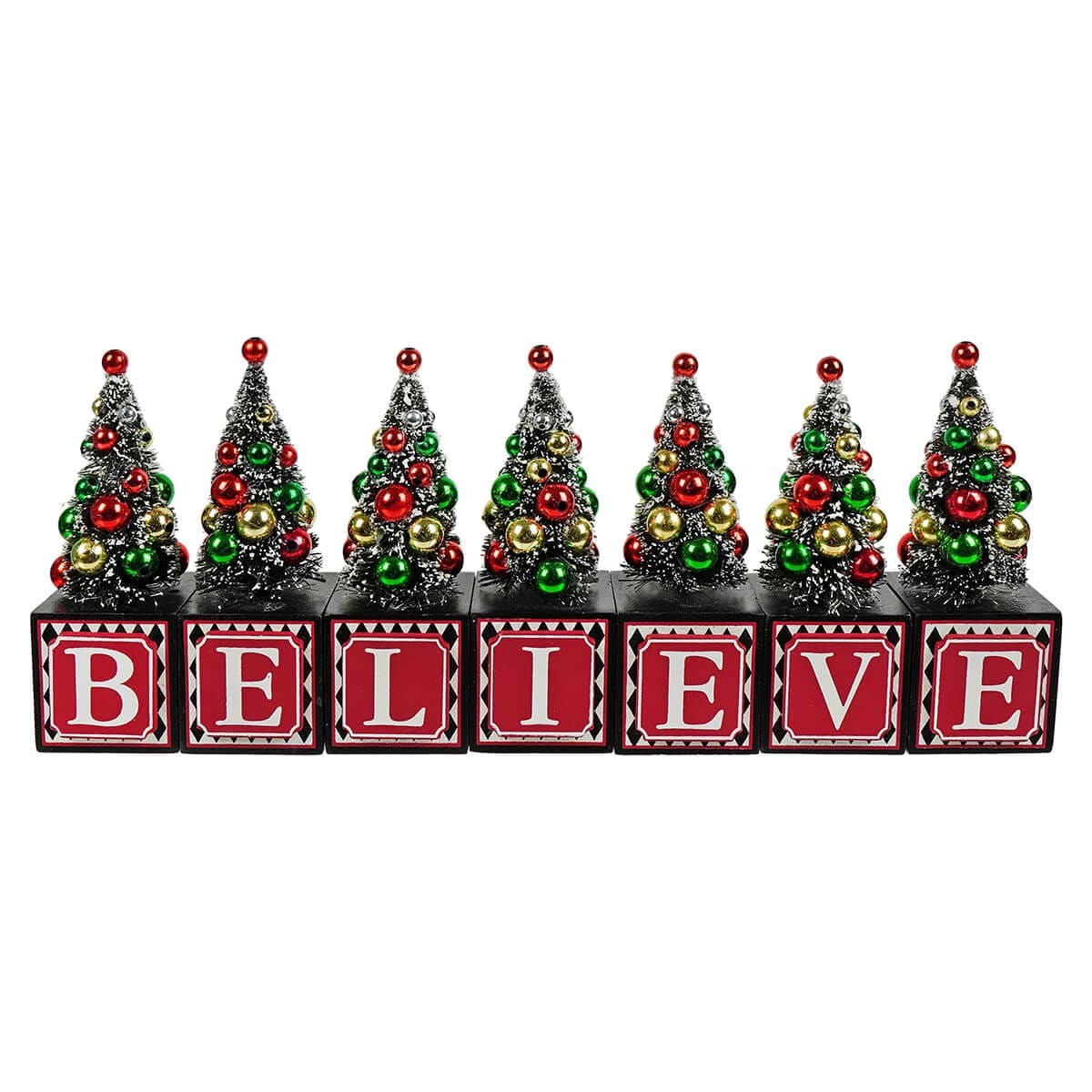 Red & Black Harlequin “Believe” Blocks With Bottle Brush Trees Set/7