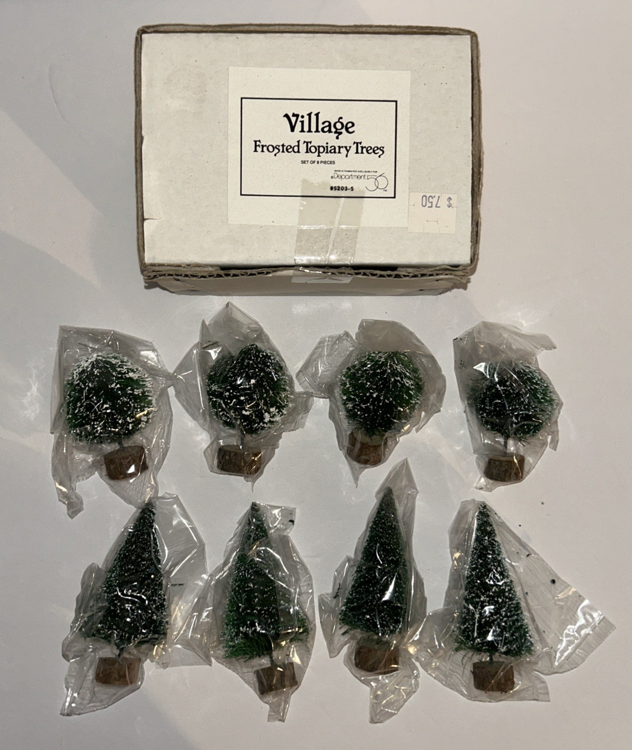 Department 56 Village Frosted Topiary Pine Trees – Set of 8 #5203-5 NEW