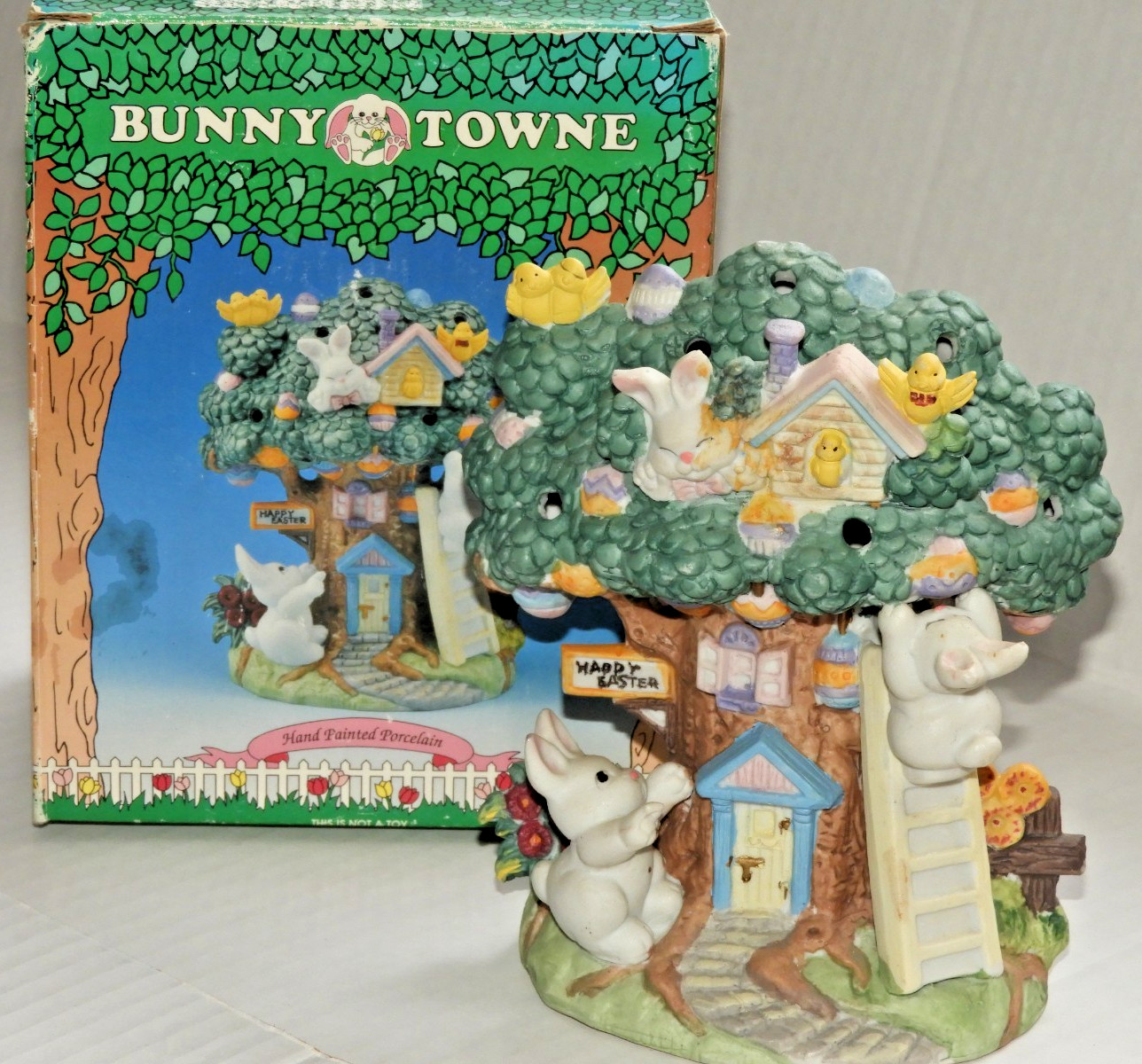 Easter Bunny Towne Village Spring Tree House Ladder Eggs Rabbit Porcelain 7″