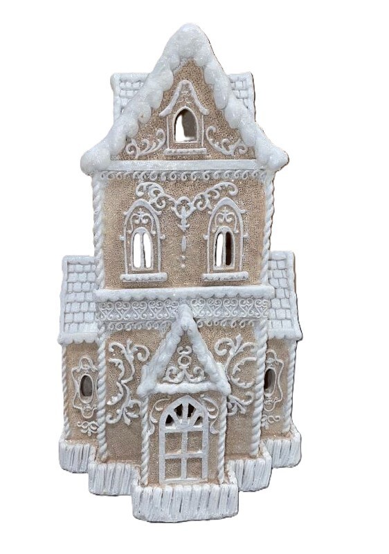 Christmas Neutral Beige Victorian Lighted Gingerbread Village House 14″ NEW