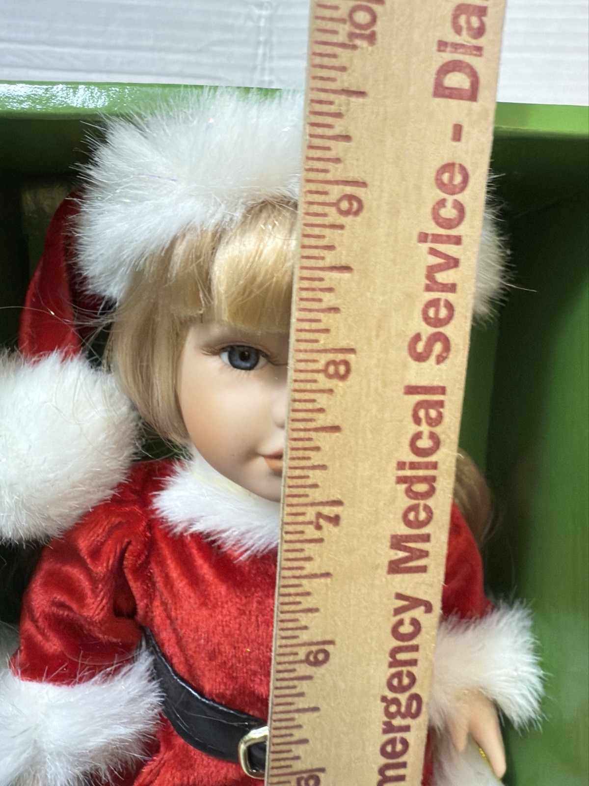 New 2002 Santa’s Workbench Porcelain Doll wearing Santa Suit with Blonde Hair