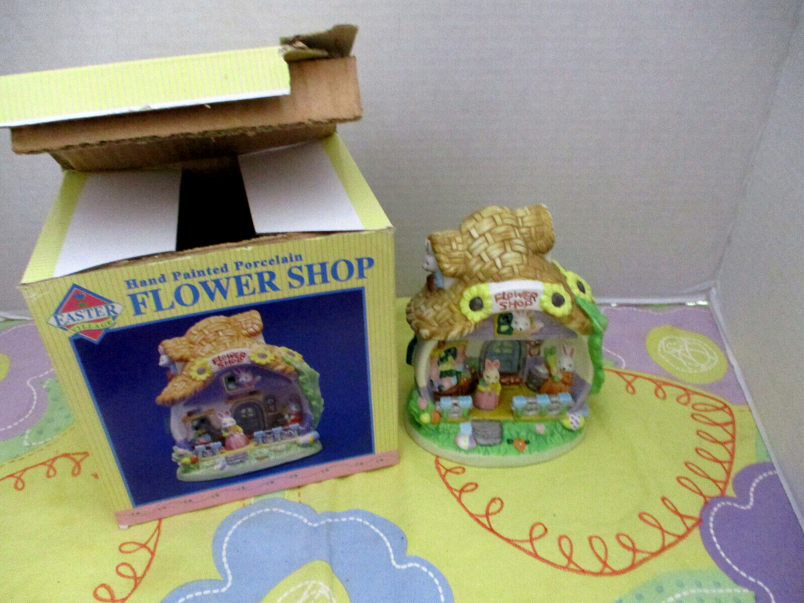 Vtg. Easter Village Flower Shop Hand Painted Porcelain w/Orig. Box