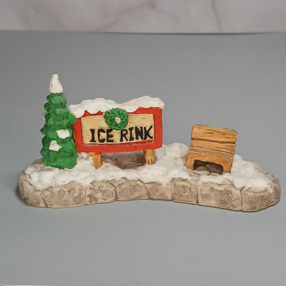 Mercuries Snow Covered Ice Rink Sign Bench Tree Figurine Christmas Village 1995