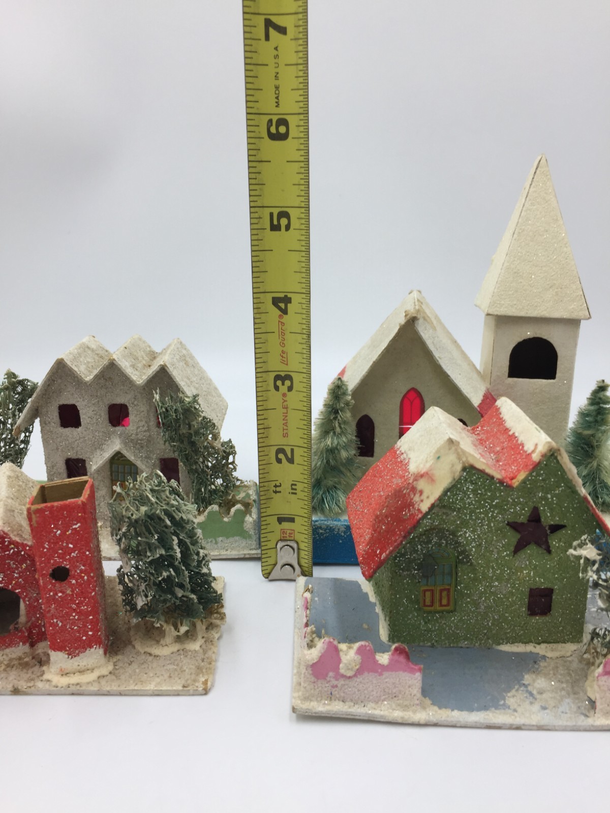 4 Japan Putz Christmas Village Houses,Church,Farmhouse,Cardboard,Glitter,Handmad