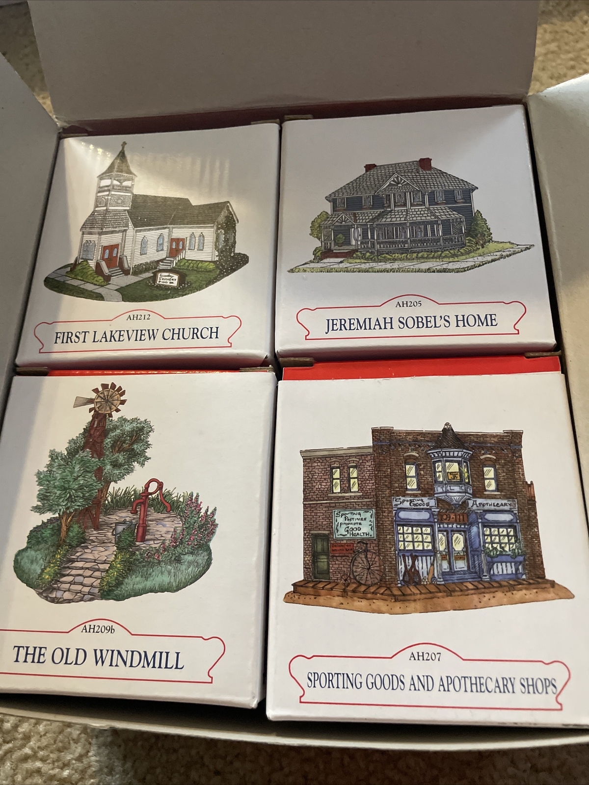 Liberty Falls collector club. 3 houses and a windmill. Sports & Apathecary shop