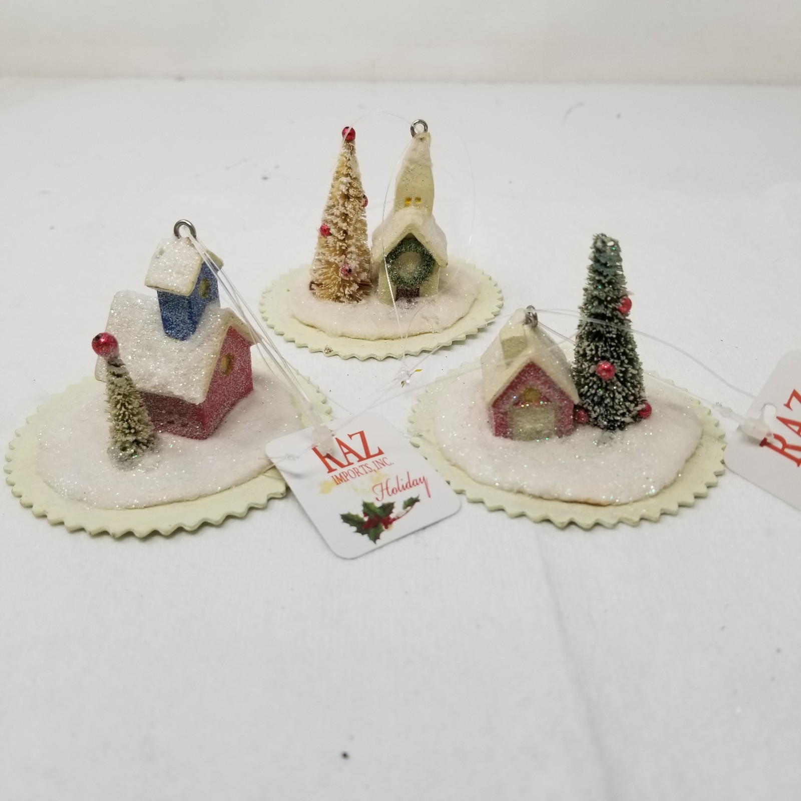 RAZ Snow Village Miniature House Bottle Brush Tree Glitter Scene Set of 3 Vtg