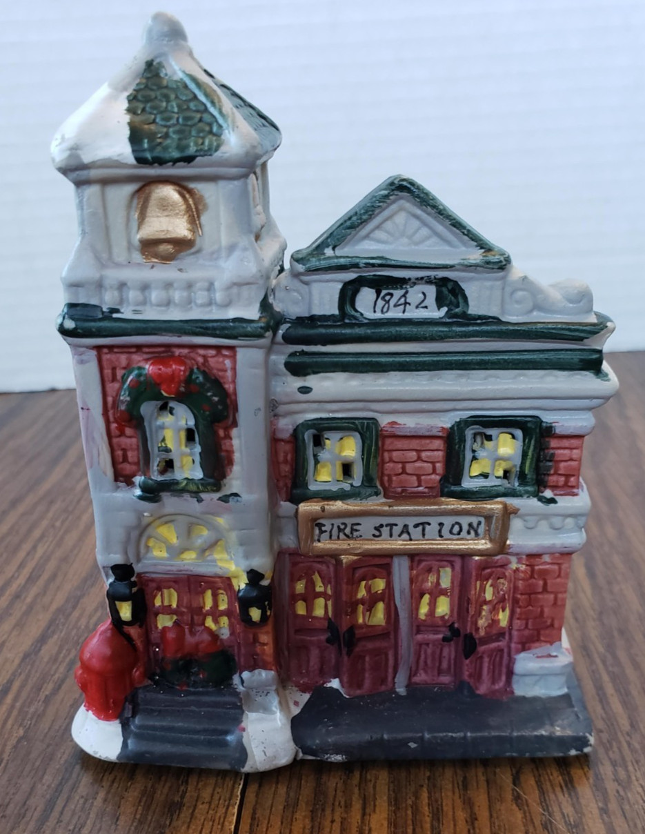 Hand Painted Porcelain Ceramic Christmas Town Small Red Fire Station