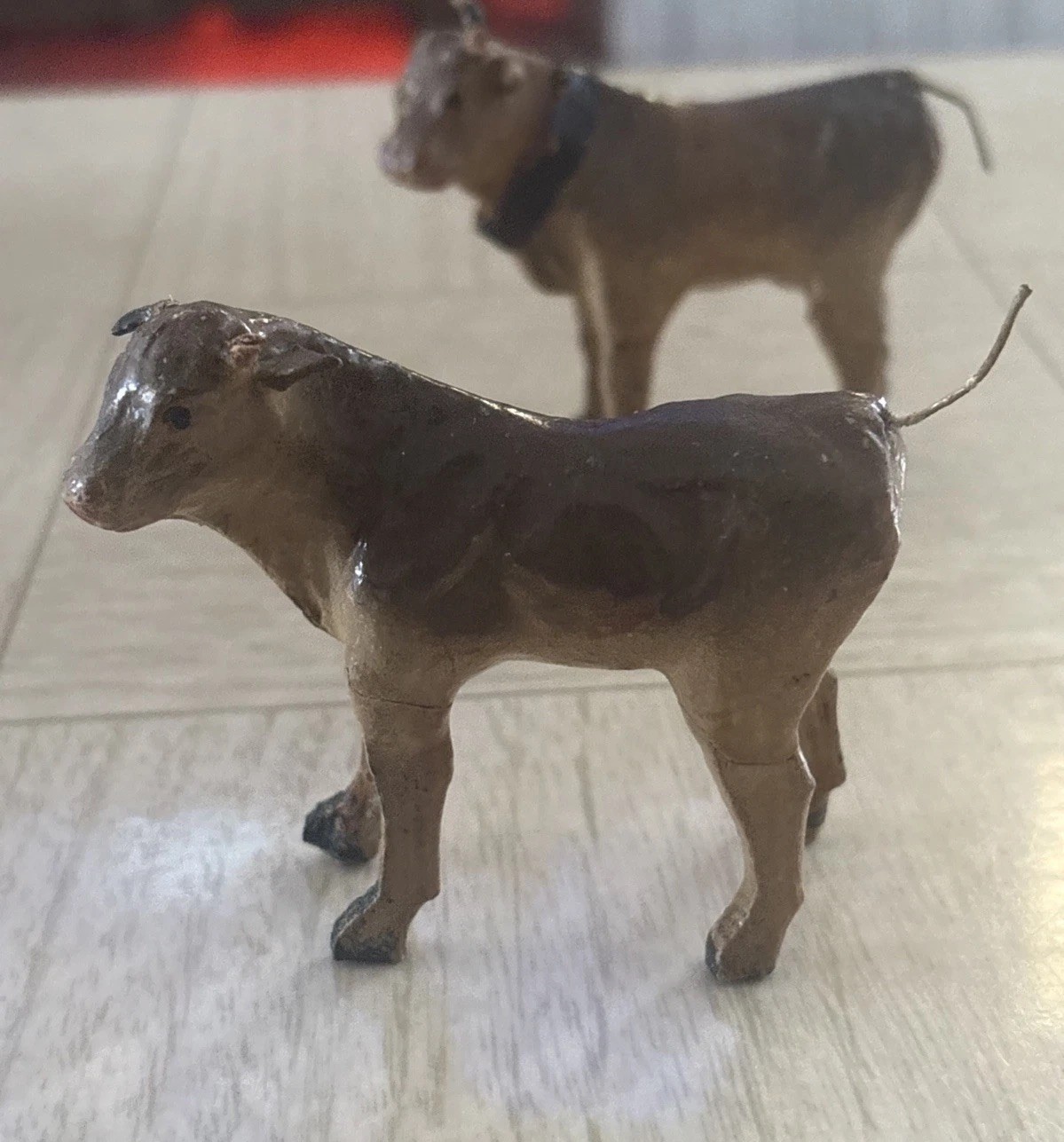 Antique German Composition Christmas Putz Stick Leg Cows Lot Of 2 1920s