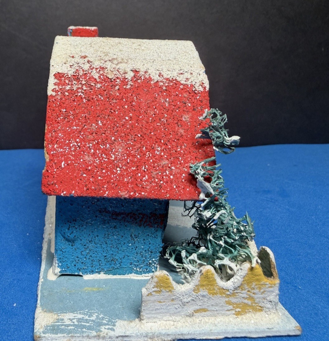 Vntg 1950s Post-WWII Putz House JAPAN Loofah Tree Mica Glitter 4.25″ Lot 2 VGC