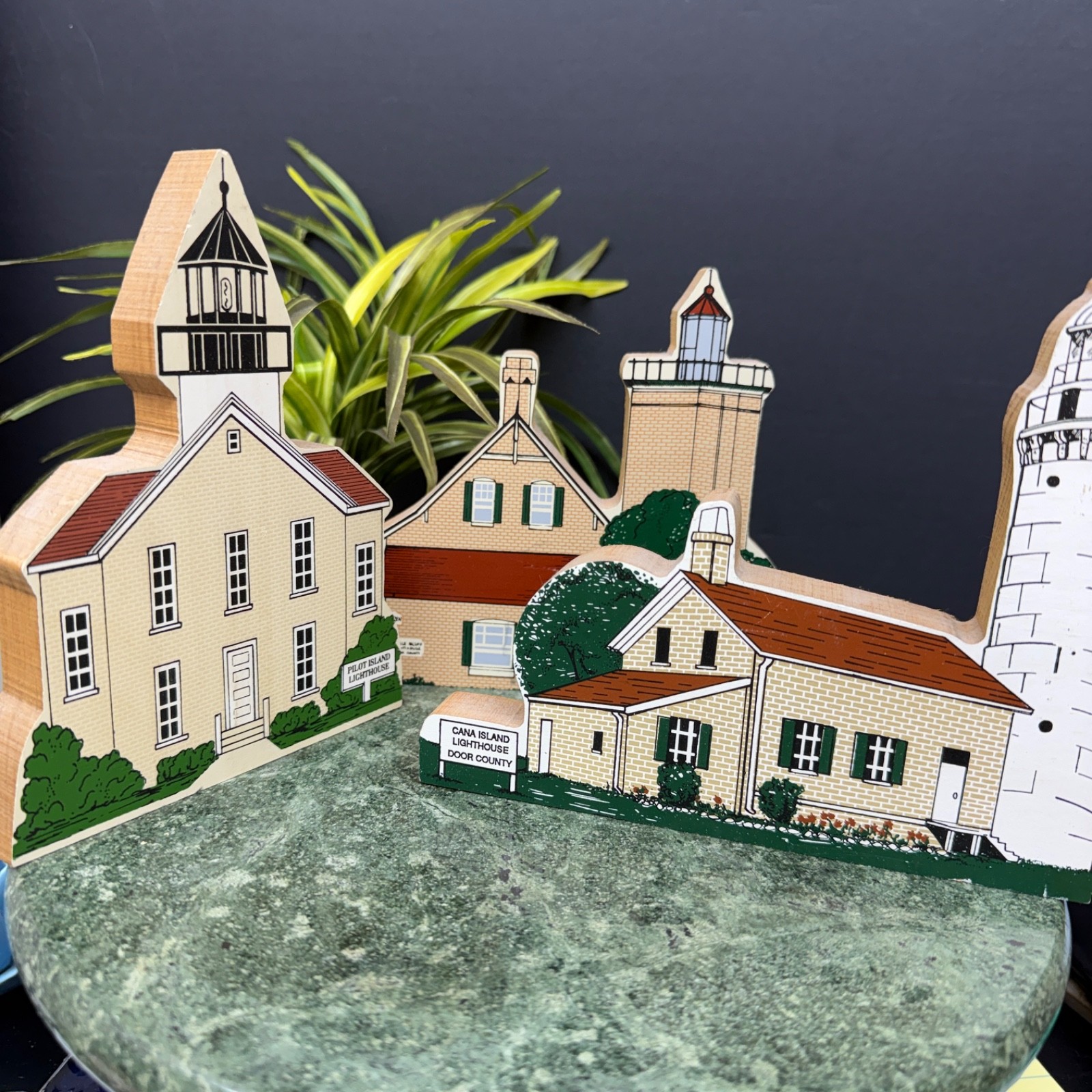 Lot of 3~Vintage Wooden Lighthouse Shelf Sitter Collection Approx. 7”x 7”x1”