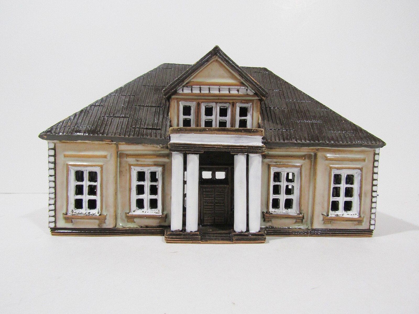 Vintage Clay Ceramic Pottery Tealight Candle Holder Victorian House 8″ W, 4.5″ H