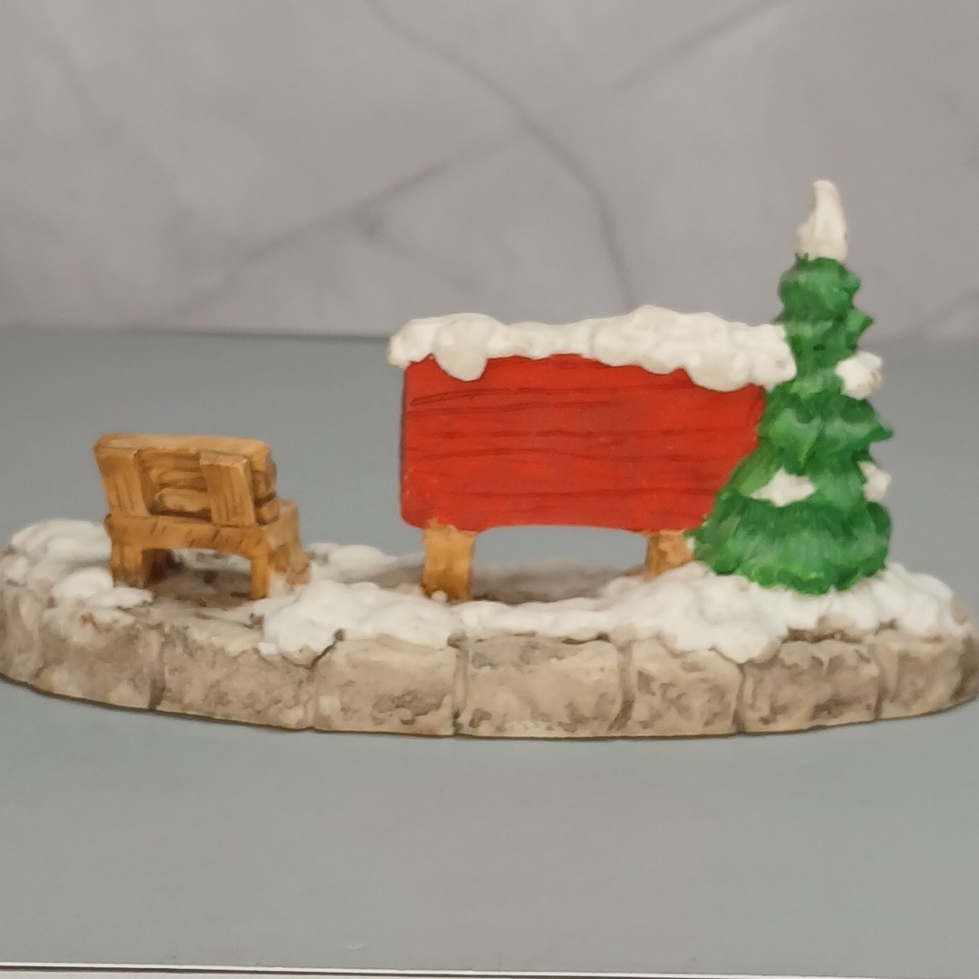 Mercuries Snow Covered Ice Rink Sign Bench Tree Figurine Christmas Village 1995