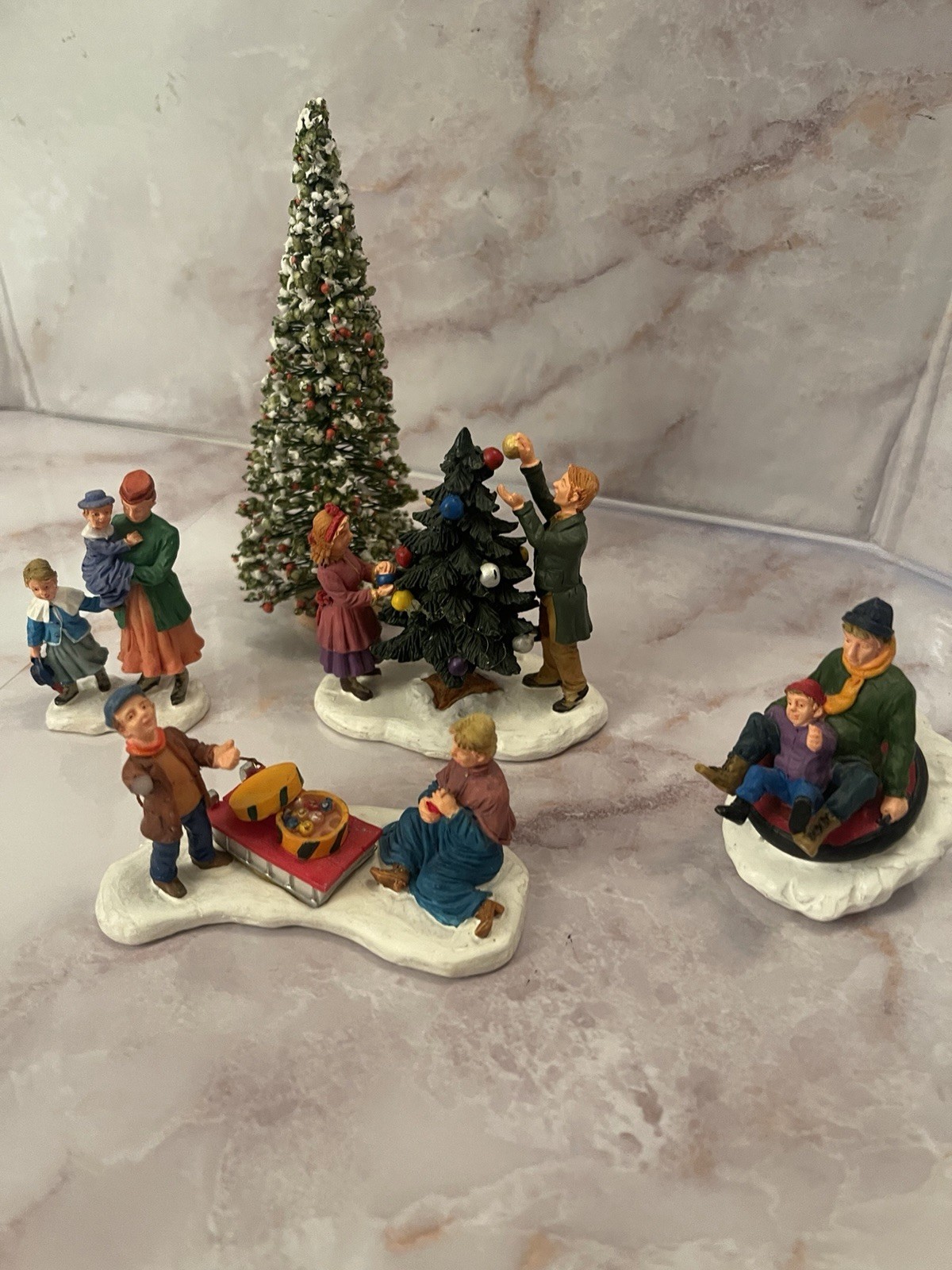 Christmas Village Figures Sledding Christmas Tree Decorating Boys Girls Seasonal