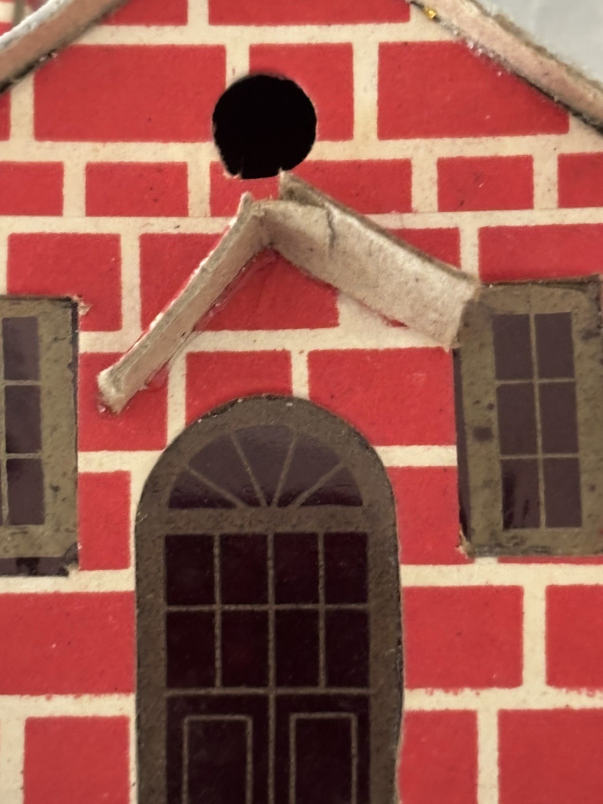 Vntg Putz House Red Brick with Cello Windows & Bottle Brush Tree Glitter L-D