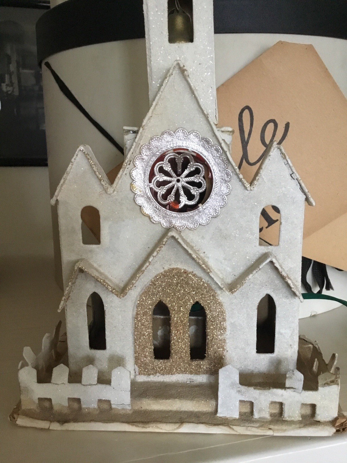 Vintage Christmas Putz Cardboard Light Up Church With Steeple 11” Tall AS IS