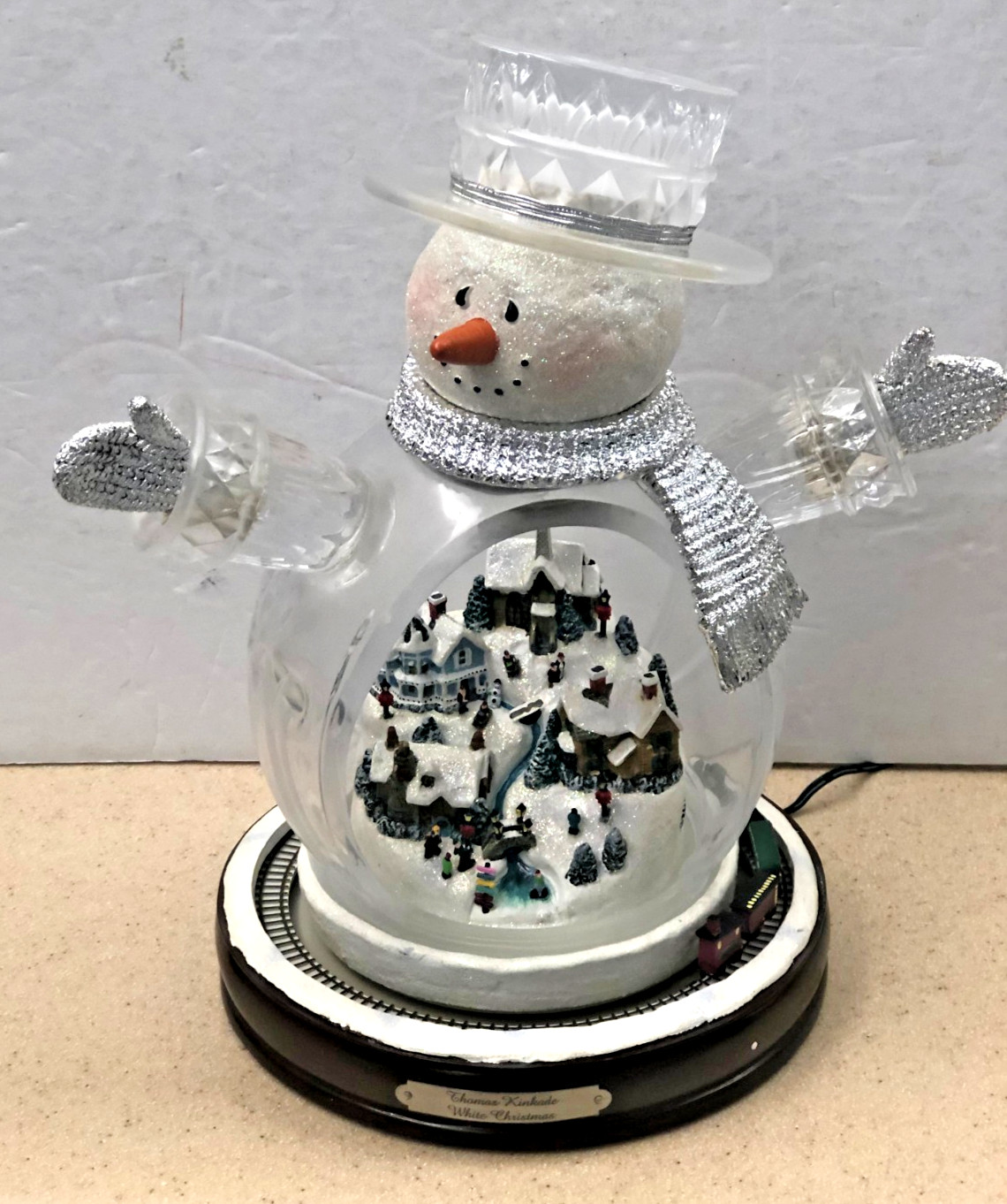 Thomas Kinkade White Christmas Snowman With Lighted Village And Movable Train