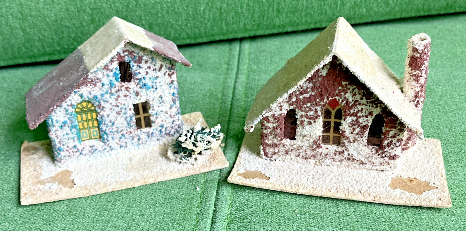 5 Different VTG Christmas Putz Houses, Cardboard w Mica Glitter, Windows, Trees