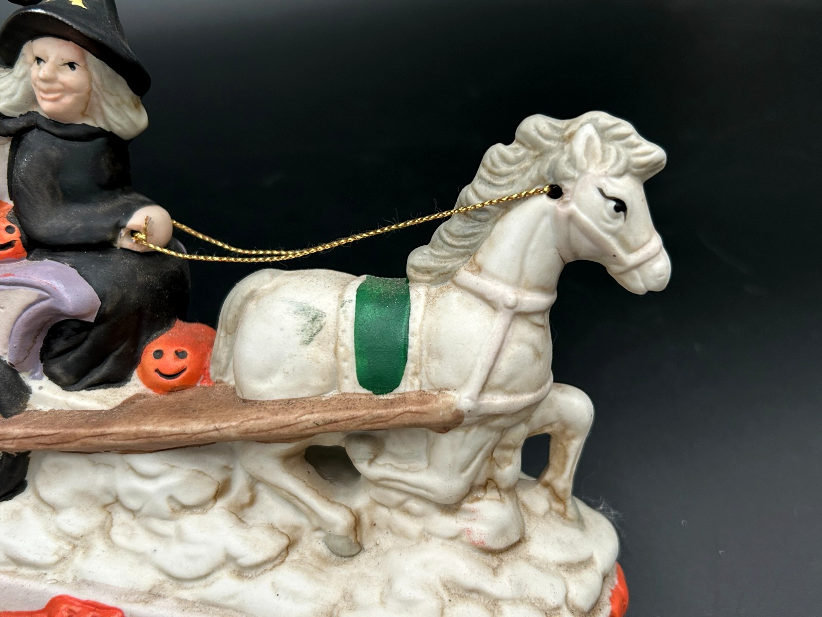 Vintage Halloween Porcelain Lighted Spooky Horse Drawn Witch Carriage
