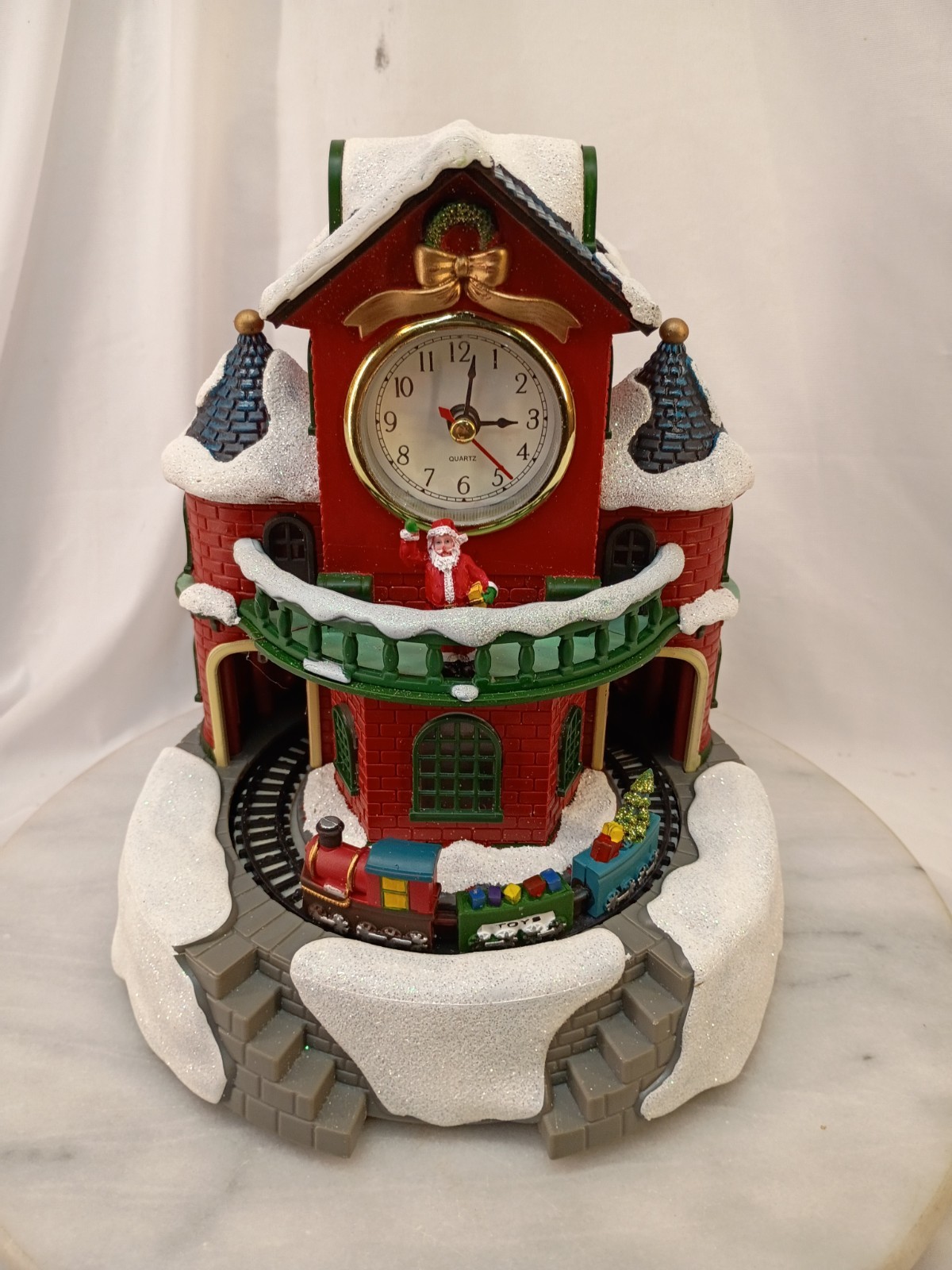 Avon 2013 Lighted Animated Christmas Village Train Station Clock Santa