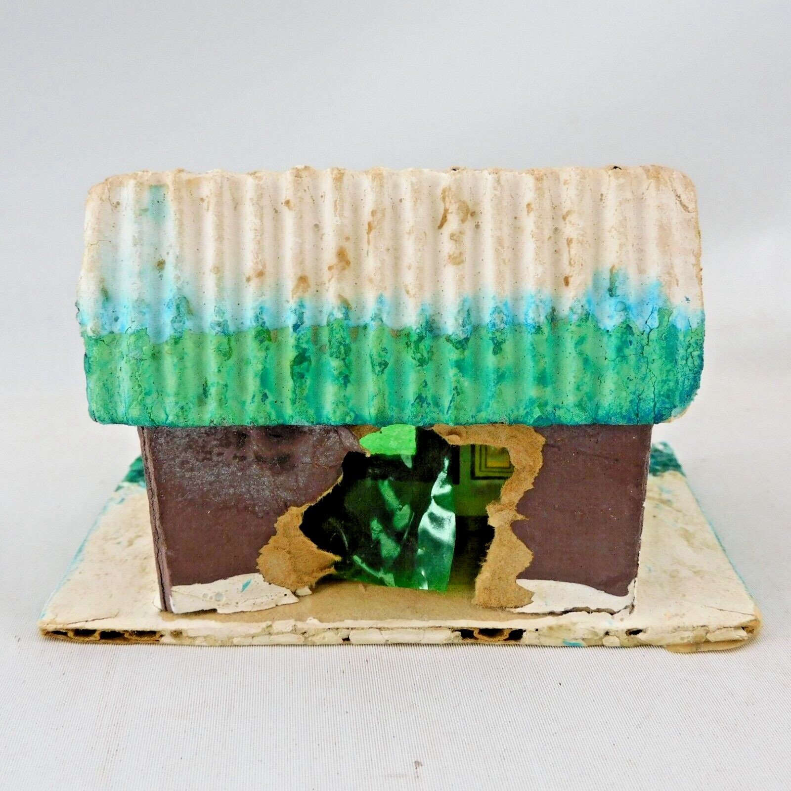 Putz Cottage House with Moss Tree Vtg Japan 1950s 4″w 2-1/2″h Green Roof (h-9)