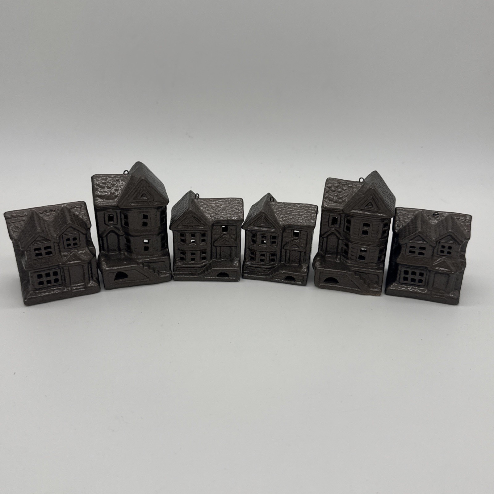 Vintage Miniature Ceramic Victorian Houses Village Set of 6 Brown Hand Painted