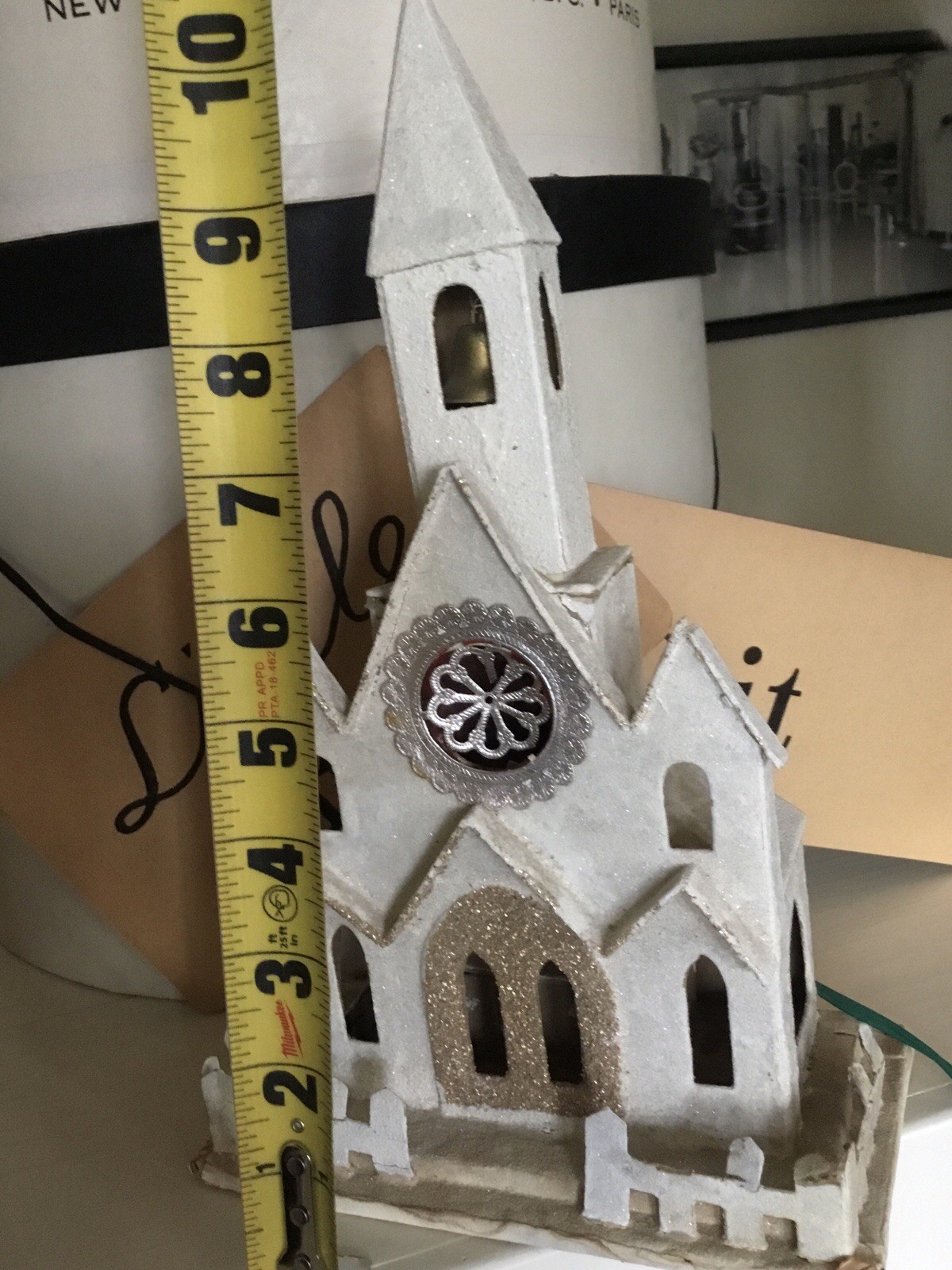 Vintage Christmas Putz Cardboard Light Up Church With Steeple 11” Tall AS IS