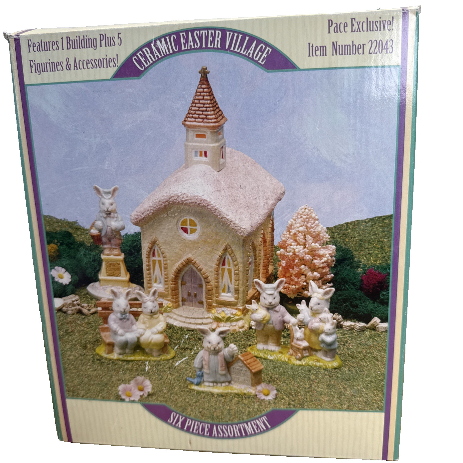Vintage 1993 Porcelain Easter Village 6pc Set Church Tree 4 Bunny Figures Glass