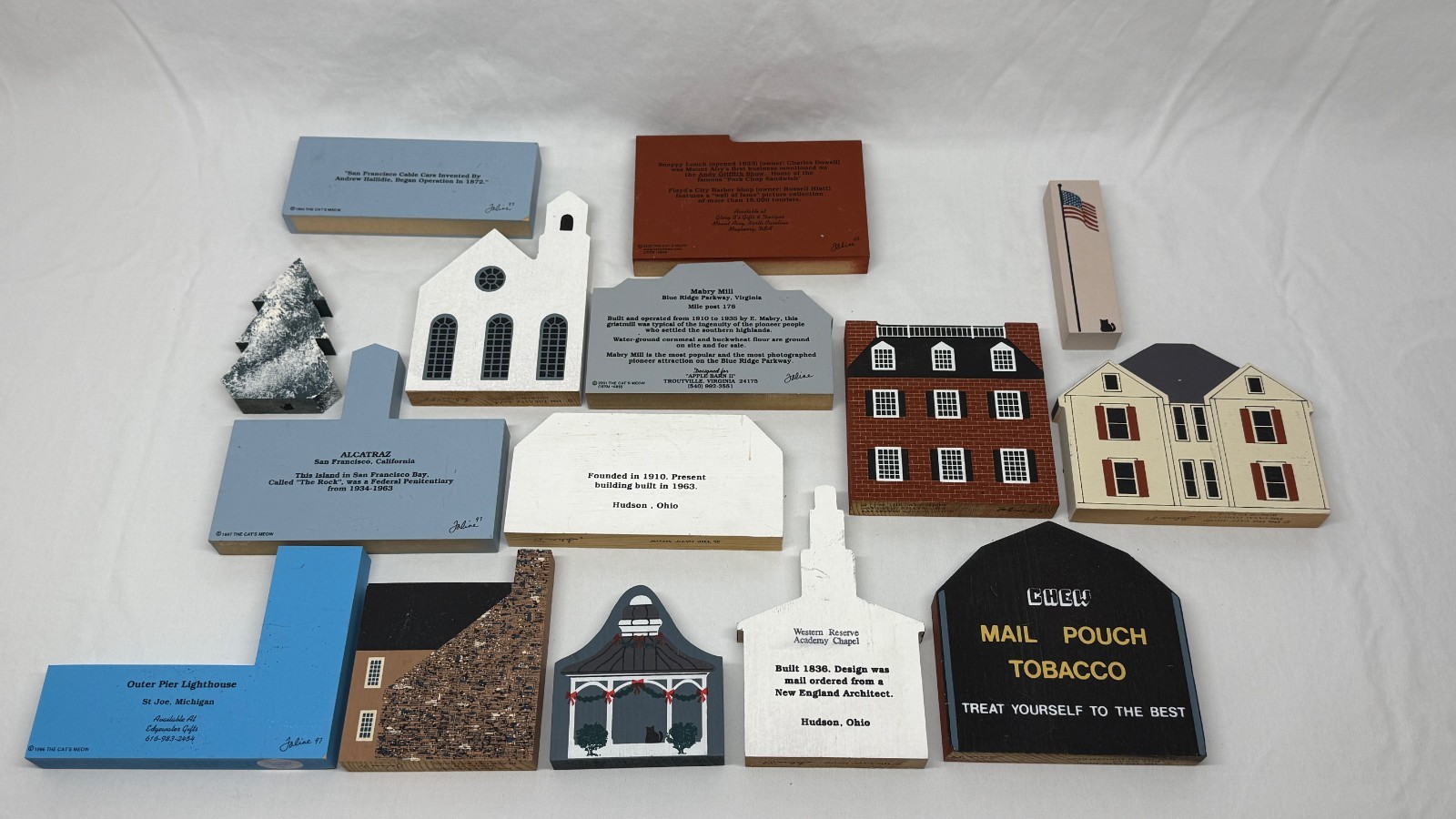The Cat’s Meow – Lot of 15 Wooden Village Painted Landmarks & Buildings