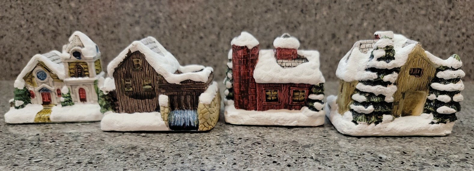 4 1989 RSVP American Rustic Series Painted Christmas Cottages, Labels, barn mill