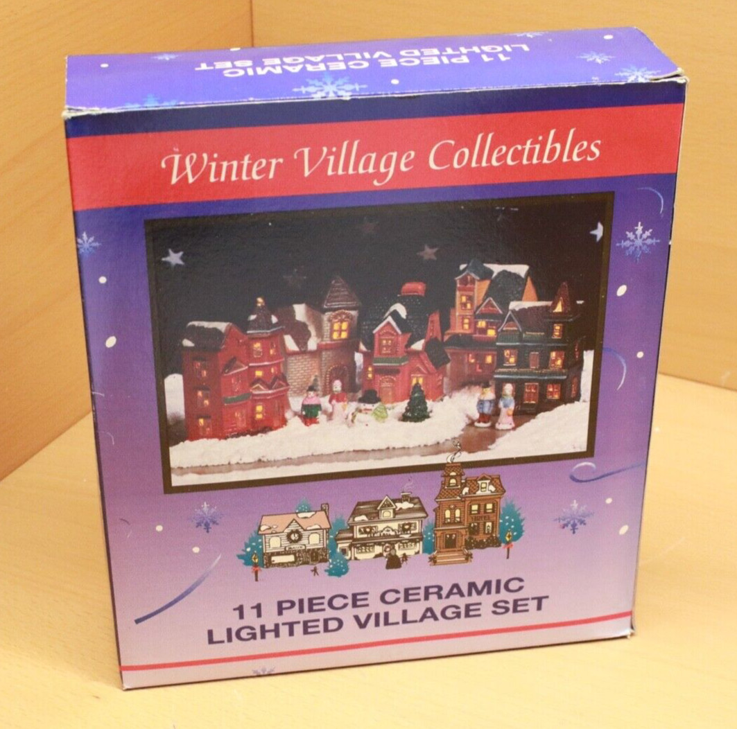 NIB Winter Village Collectibles 11 Piece Lighted Ceramic Village Set Christmas