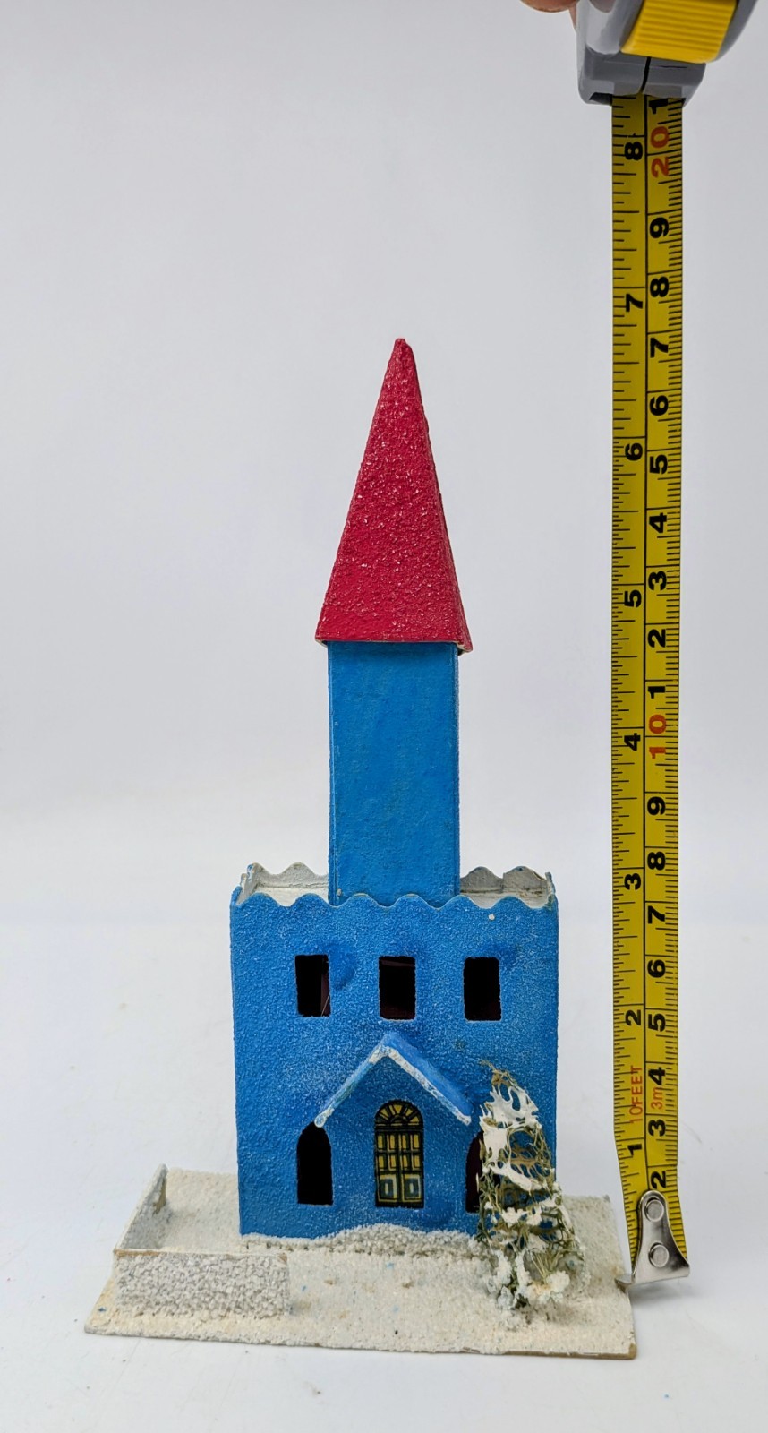 Vtg MCM Mica Holiday Church Cardboard PUTZ House Christmas Decor Japan Blue