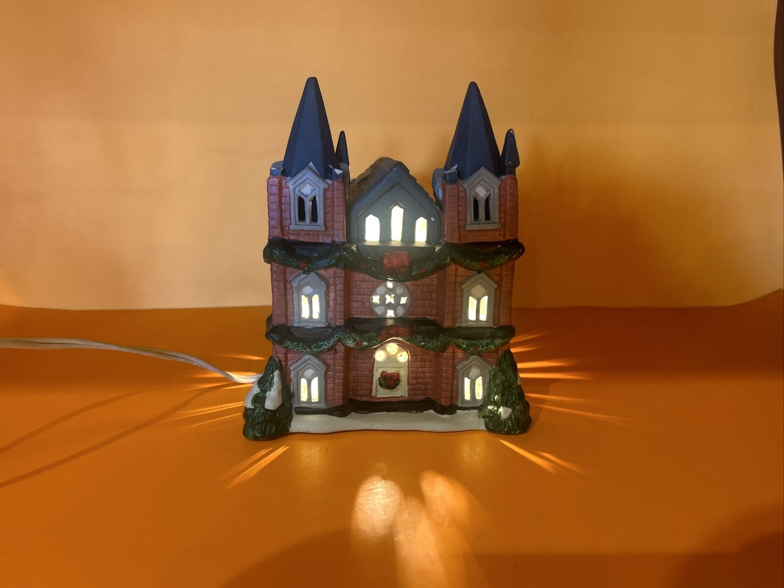 VTG Christmas Village Lighted Double Spire Porcelain Church w/ light DAMAGED!