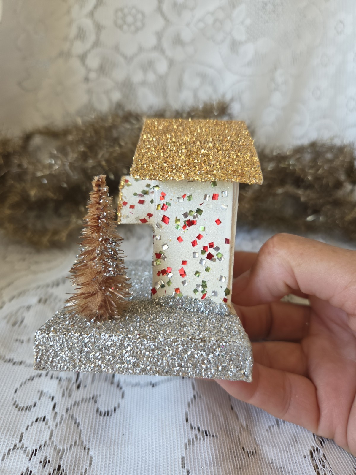 Vintage Putz Christmas Glitter House With Bottle Brush Tree Made In Japan