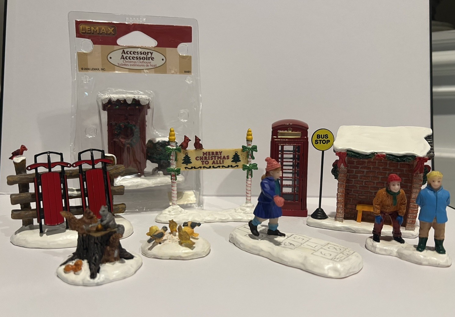 Lot 9 Lemax Christmas Village Accessories Hopscotch Animals Outhouse Phone Booth