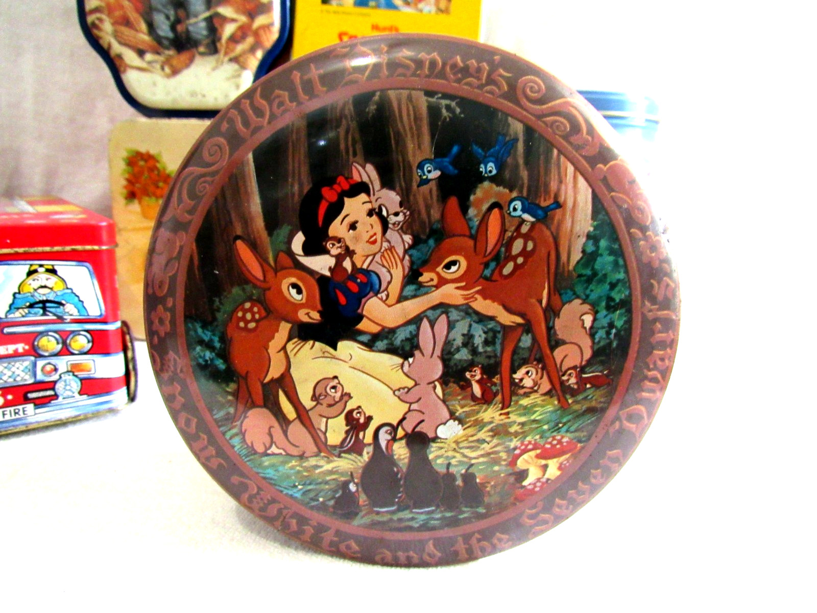 7 Advertising Tins Lot -Snow White,Texaco, M&M, Peter Pan,Fire Dept, Good House+