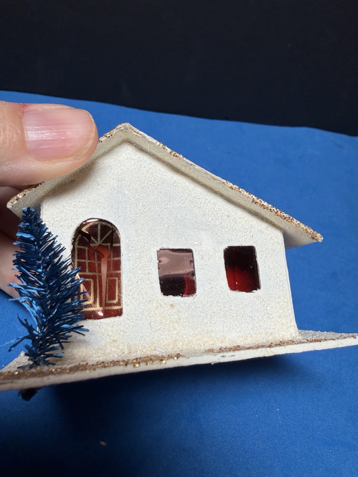 Vtg 1950s Mini Putz Houses JAPAN Christmas Village Cardboard Mica Trees Lot of 5