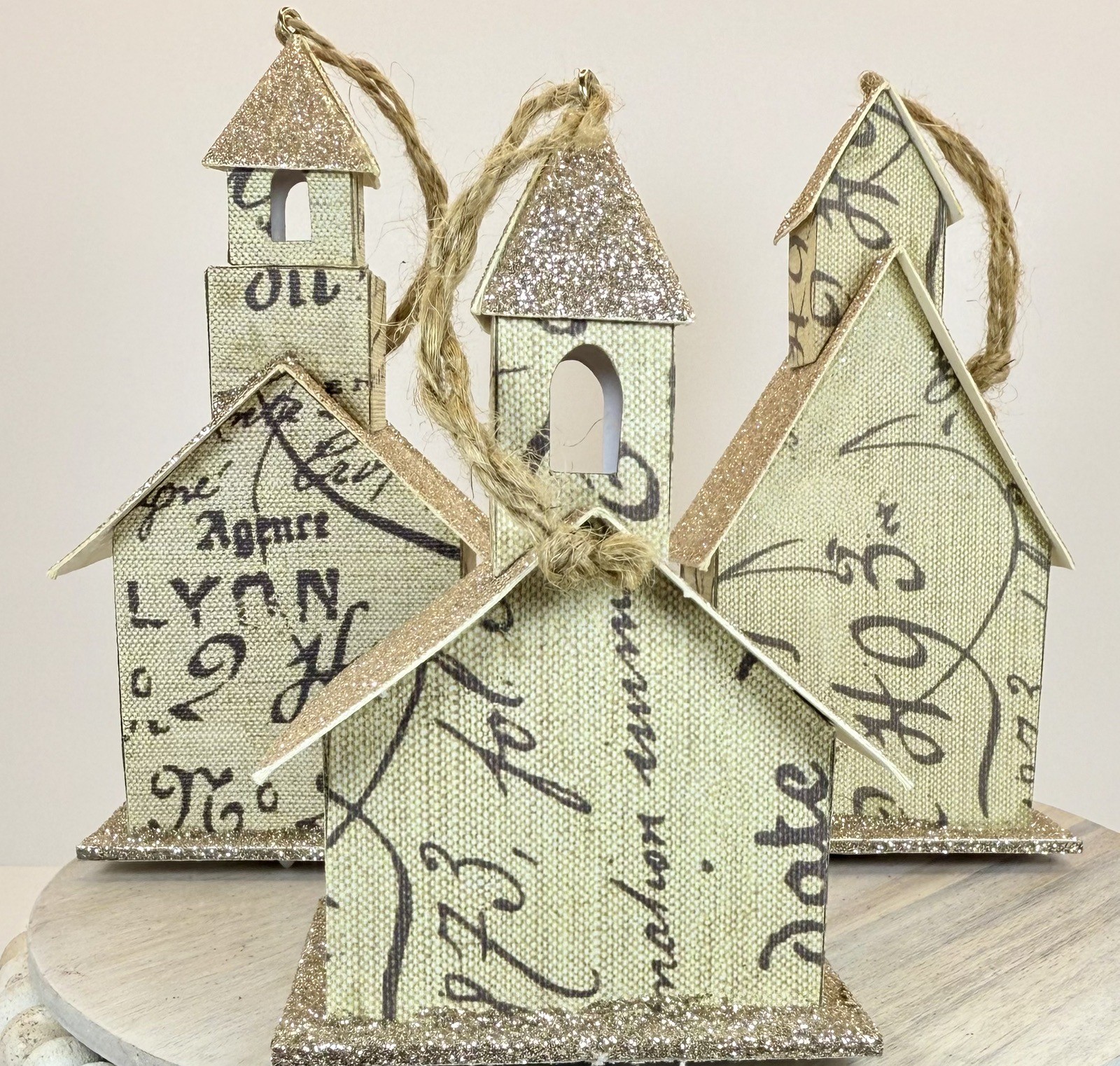 Christmas Church Ornament Light Up Set Of 3 Cardboard Glitter Decor