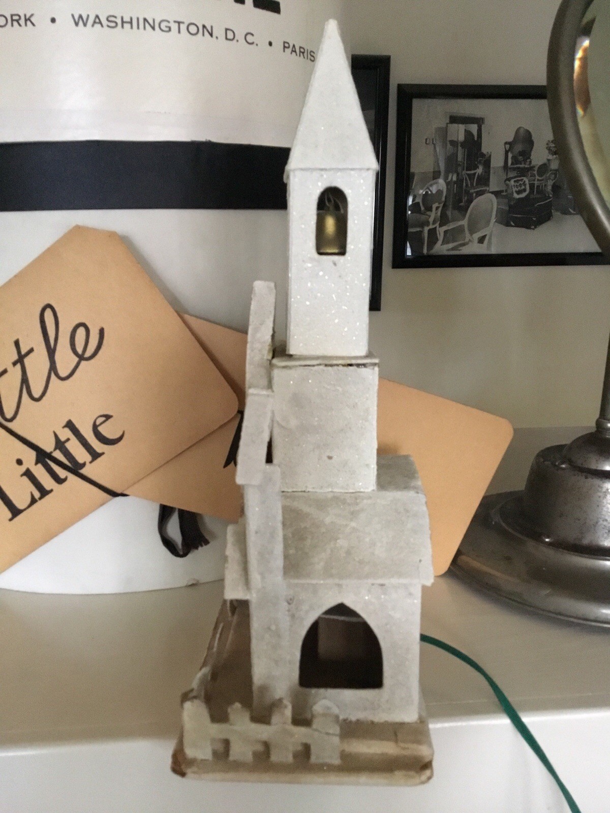 Vintage Christmas Putz Cardboard Light Up Church With Steeple 11” Tall AS IS