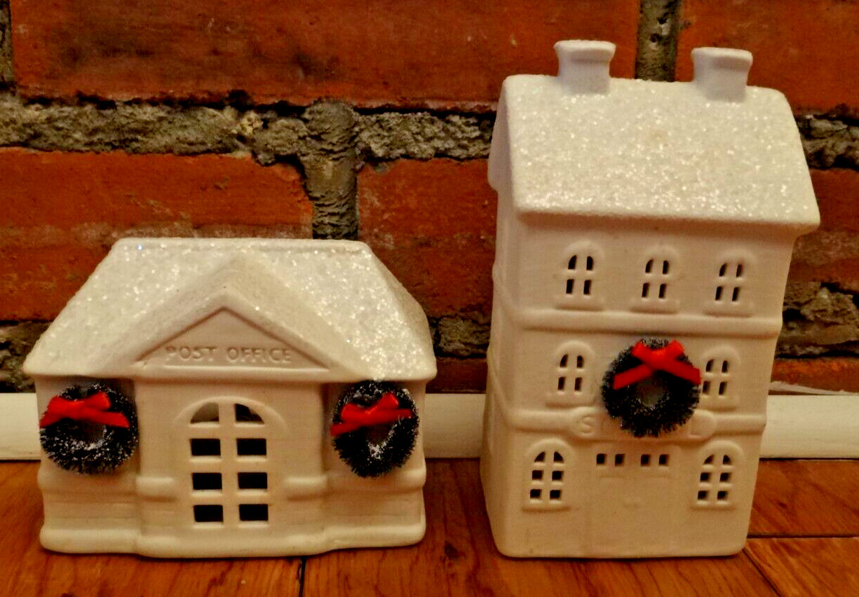 Set Of 2 Bisque Village Building Pieces Christmas Decor