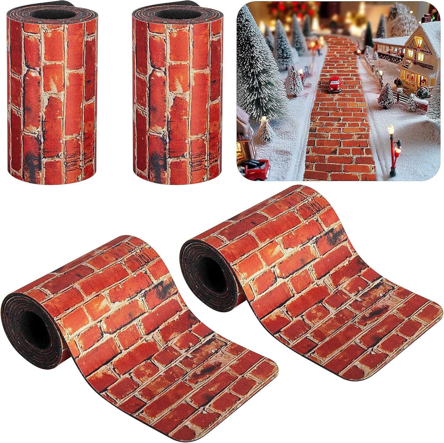 4 Pcs Christmas Village Red Brick Road Mats – Cuttable 47.2×4.7 for DIY Holiday