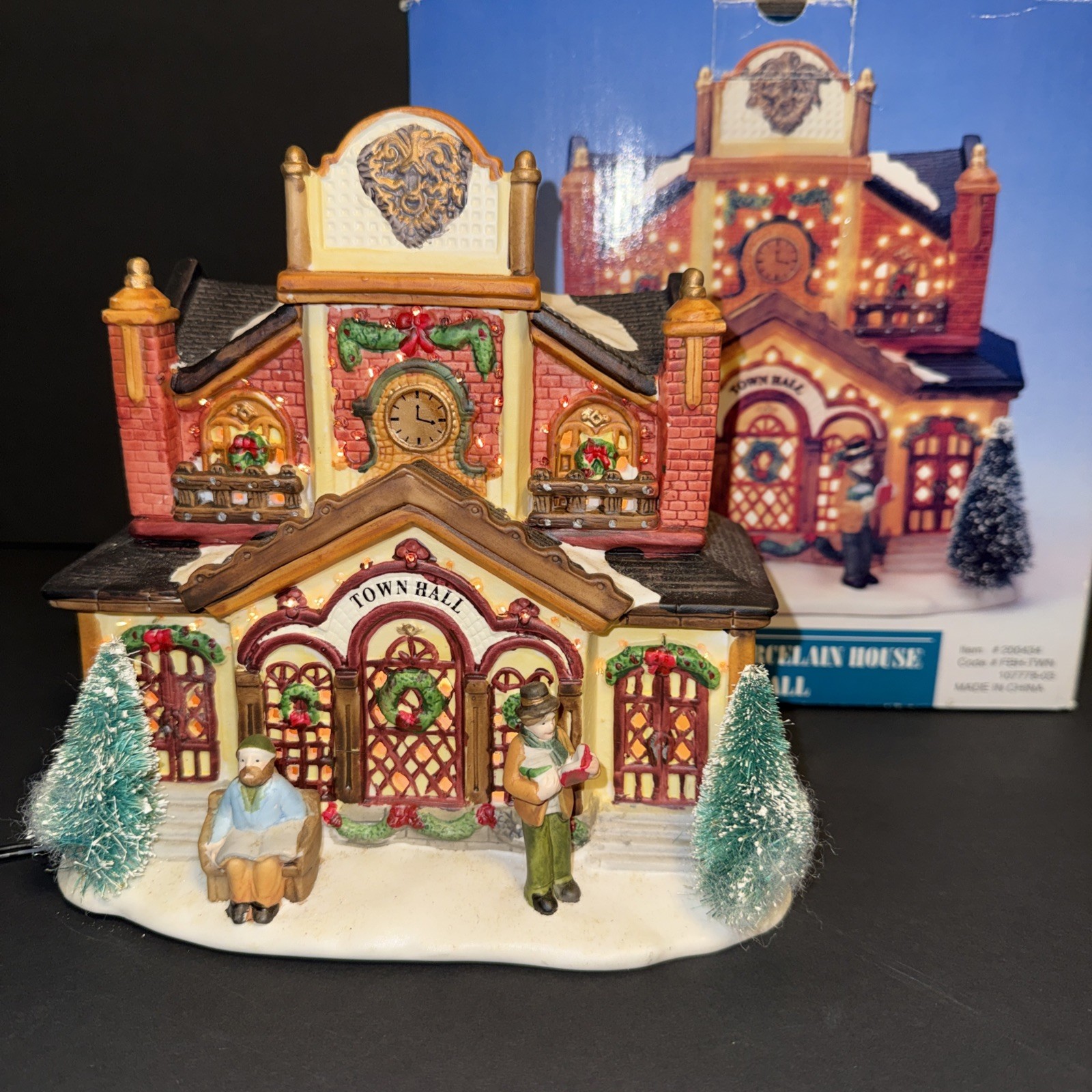 FIBER OPTIC Porcelain House Town Hall LIGHTED ORIGINAL BOX