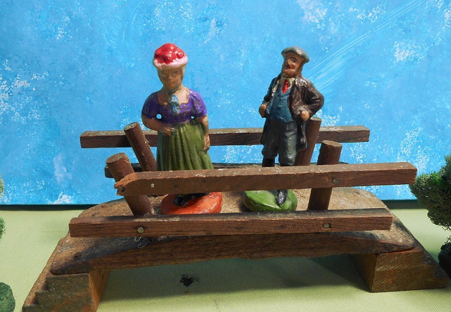 Lot of 10 Putz Items – Moss Trees, Bridge, Goose, and 5 Elastolin German People