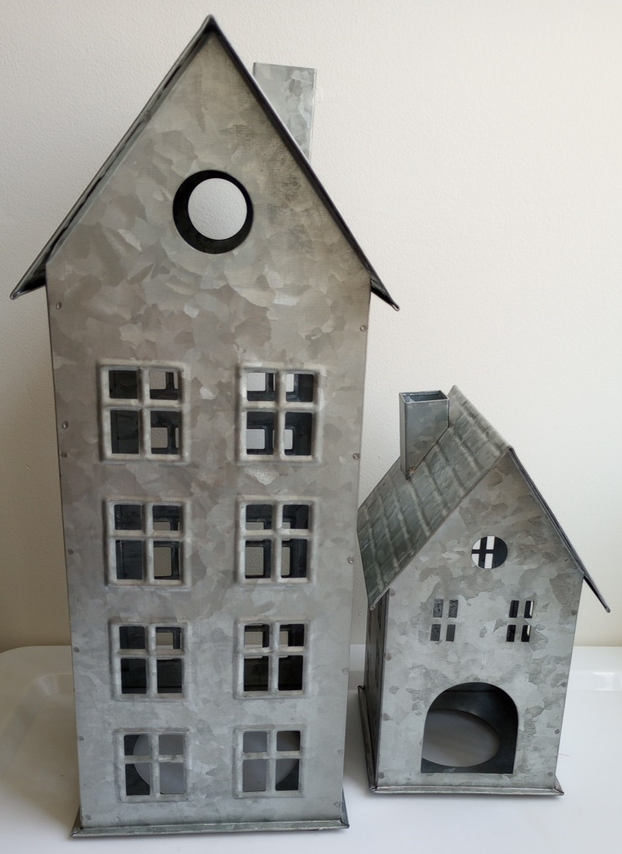 Pottery Barn Galvanized Village House Set of 2 lot retired rustic candle holders