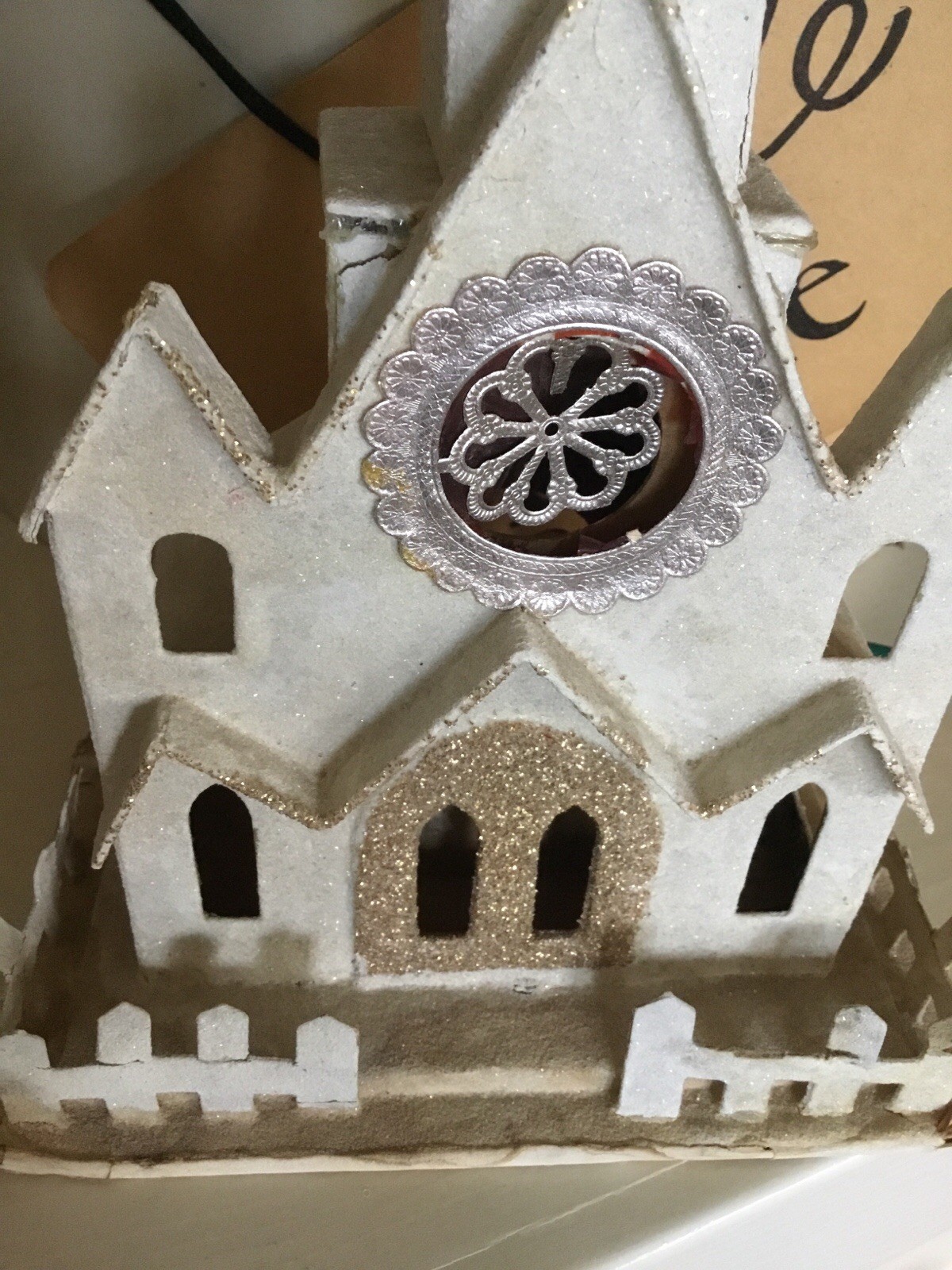 Vintage Christmas Putz Cardboard Light Up Church With Steeple 11” Tall AS IS