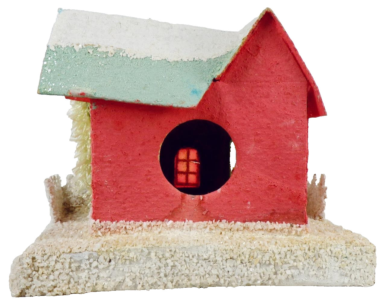Christmas Putz House Coral Green Roof Glitter Fence Bottle Brush Tree #1225