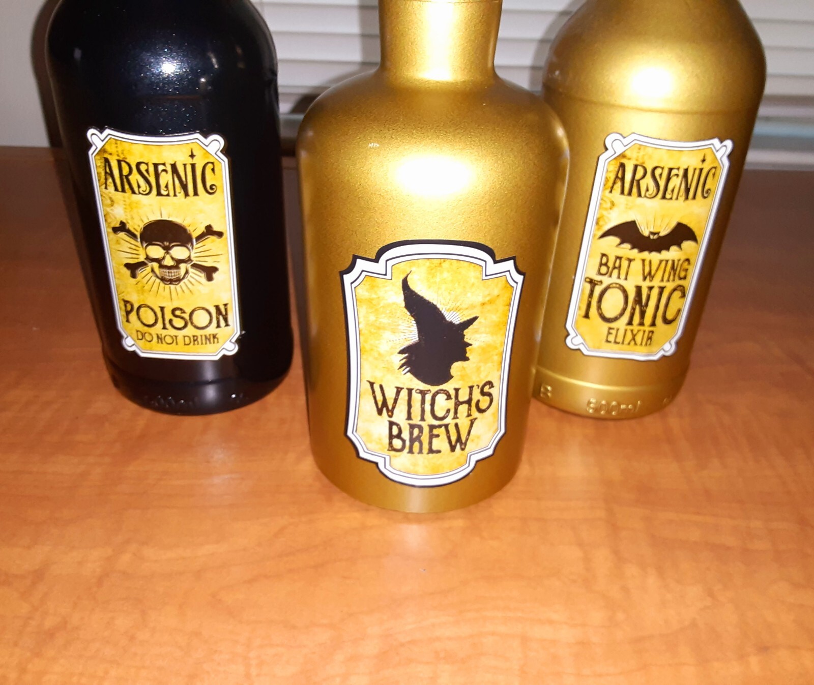 Halloween Decor Apothecary Black & Gold Glass Botttles Jars Set of Three