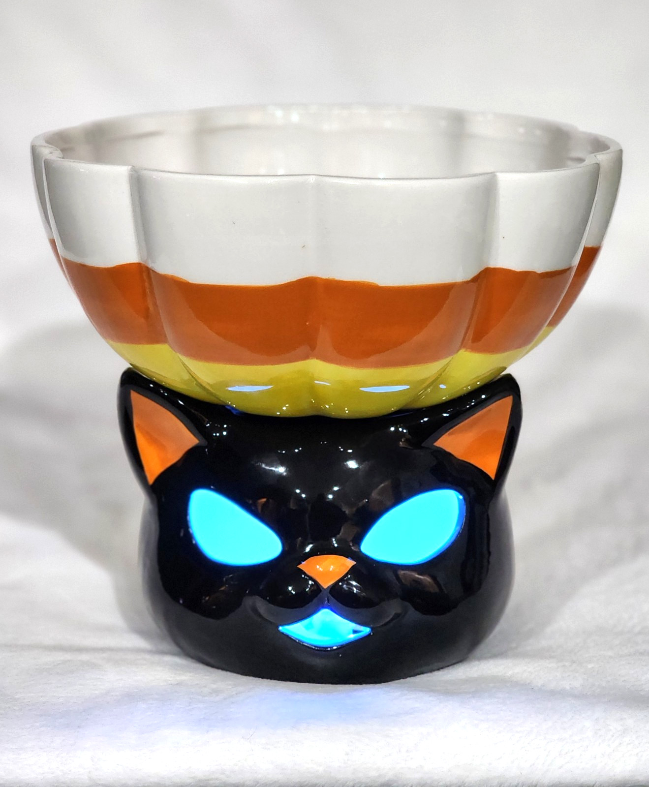 Halloween Light Up Black Cat Candy Corn Bowl Ceramic 9″ Retro Vintage Style NEW