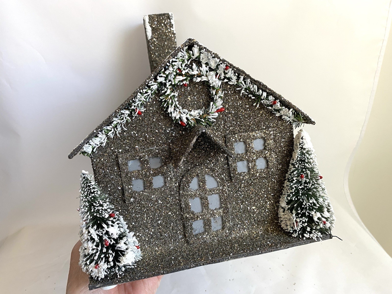 Pottery Barn German Glass GLITTER Christmas 9.5” Putz Style SCHOOLHOUSE w/Trees