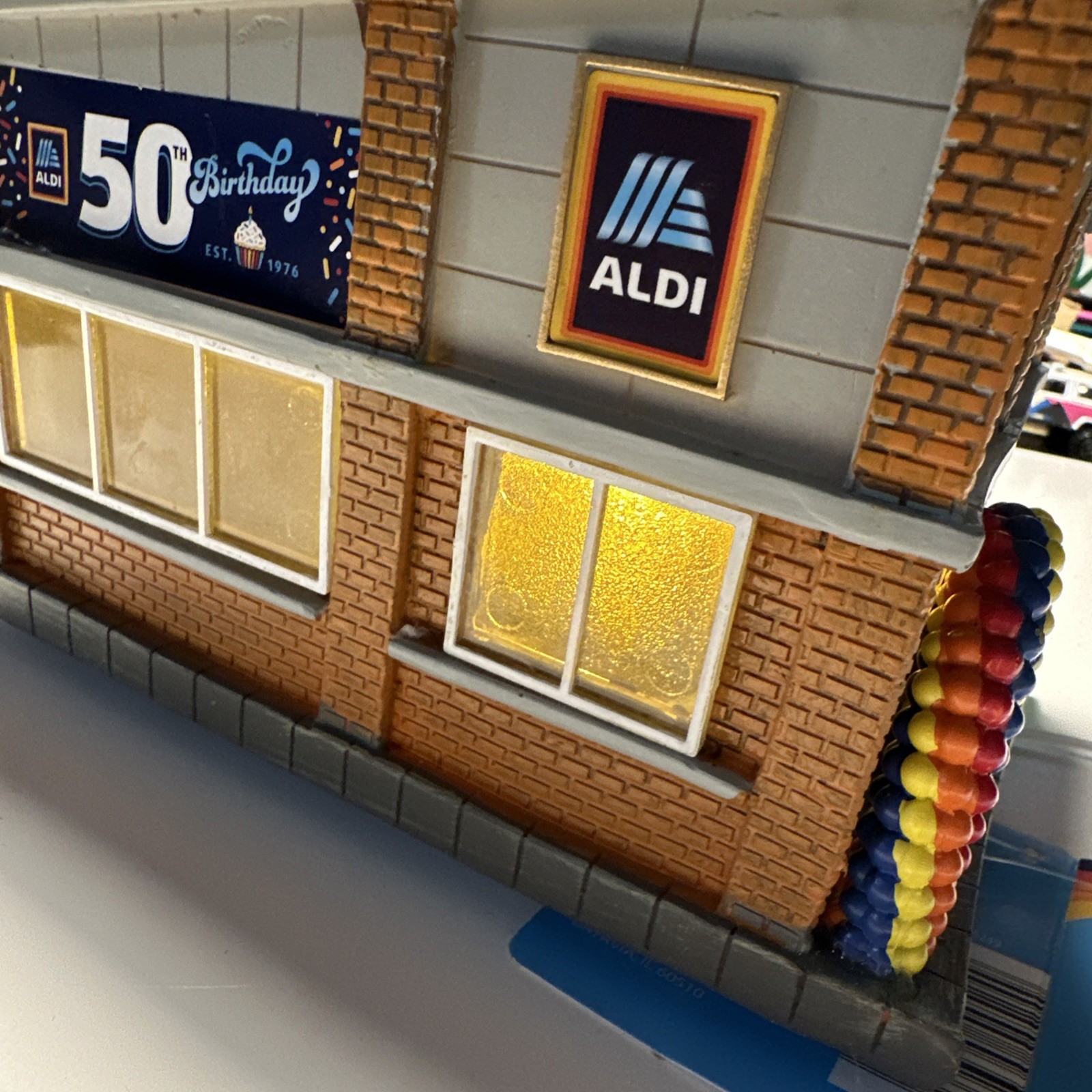 Aldi 50th Birthday Light Up Store Building Village 7 X 4” NWT (Damaged Roof)